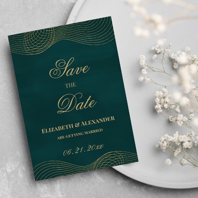 Invitation Elégant vert foncé or géométrique Enregistrer la d (Elegant dark green gold geometric Save the Date )