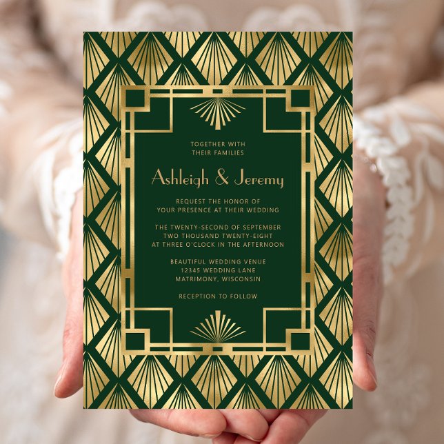Invitation Elégant Vert Gold Vintage Déco Motif Mariage (Créateur téléchargé)