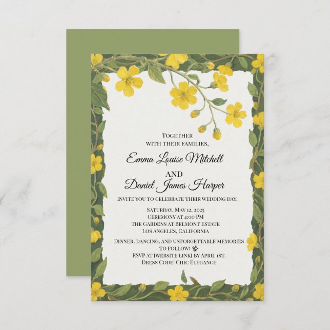 Invitation Élégant vert jaune Fleur sauvage Floral (Devant / Derrière)