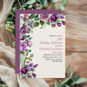 Invitation Élégant Vert Menthe Fleurs Violettes 21e Anniversa