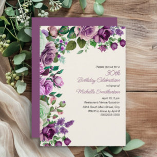Invitation Élégant Vert Menthe Fleurs Violettes 30e Anniversa