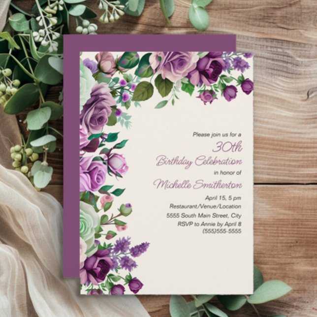 Invitation Élégant Vert Menthe Fleurs Violettes 30e Anniversa (Purple watercolor floral and mint green leaves 30th birthday party invitation)