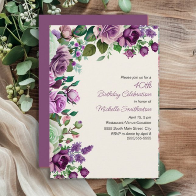 Invitation Élégant Vert Menthe Fleurs Violettes 40e Anniversa (Purple floral and mint green leaves 40th birthday party invitation)