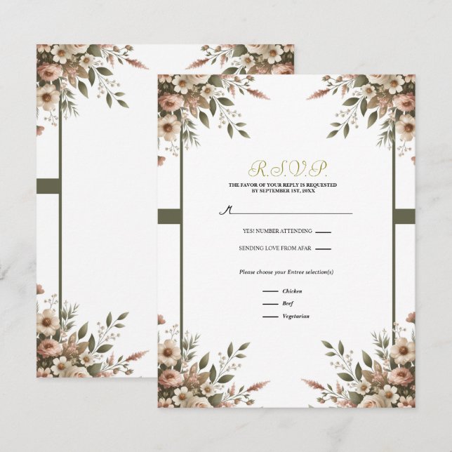 Invitation Élégant Vert Olive & Blanc Floral Coin RSVP (Devant / Derrière)