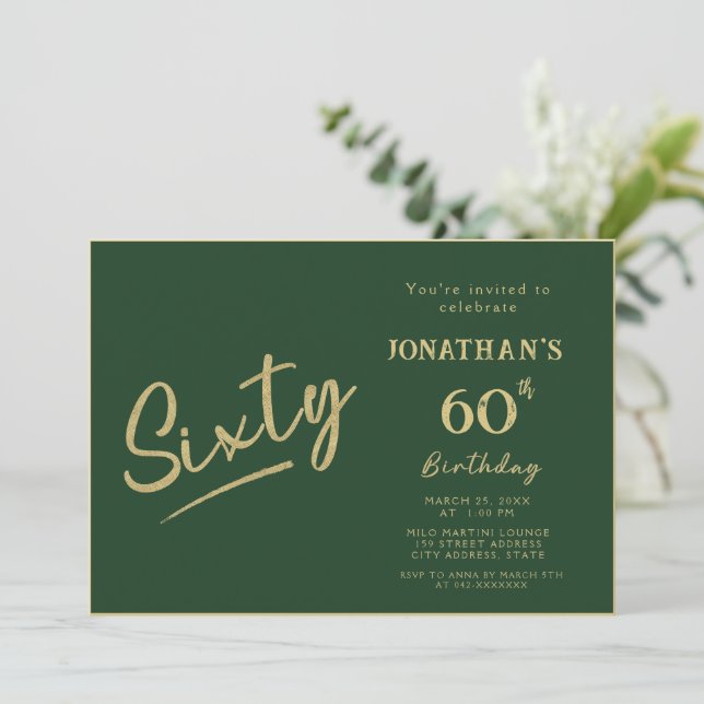 Invitation Élégant Vert Or Brossé Script 60e Anniversaire (Debout devant)
