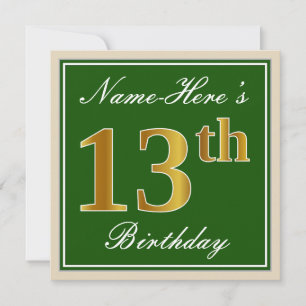 Invitation Élégant, Vert, Or Faux 13e Anniversaire + Nom