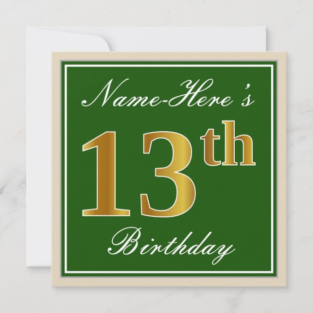 Invitation Élégant, Vert, Or Faux 13e Anniversaire + Nom (Devant)