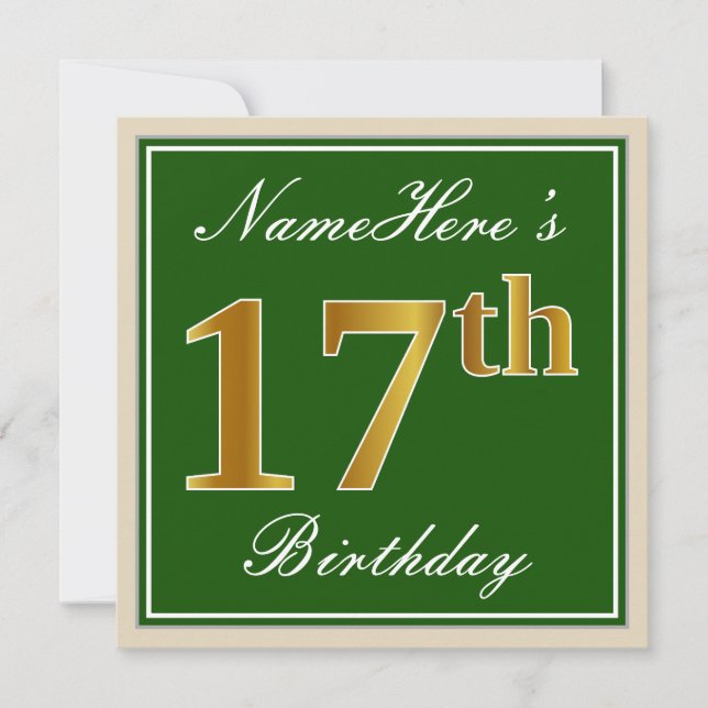 Invitation Élégant, Vert, Or Faux 17e Anniversaire + Nom (Devant)