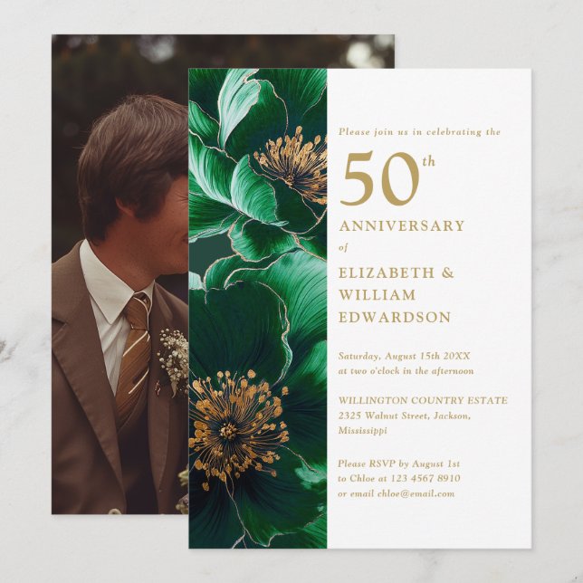 Invitation Elégant Vert or Floral 50e anniversaire Photo (Devant / Derrière)