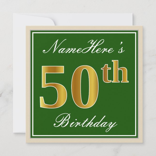 Invitation Élégant, Vert, Or Imitation 50e Anniversaire + Nom (Devant)