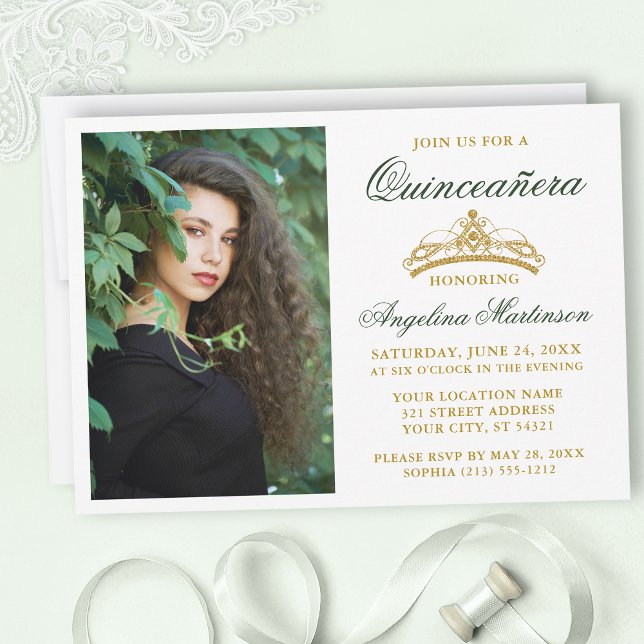 Invitation Elégant Vert Or Moderne Photo Couronne Quinceanera (Customize to change text size, style, color or to add text or more photos to back of card.)