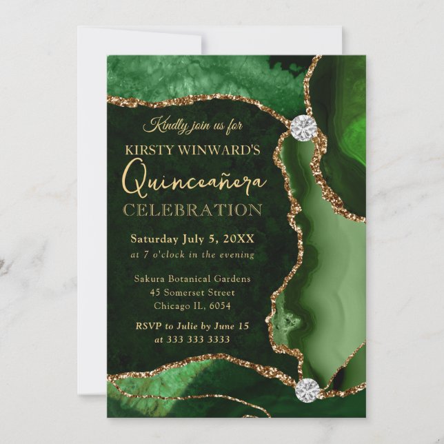 Invitation Élégant Vert Or Paillettes Agate Quinceañera (Devant)