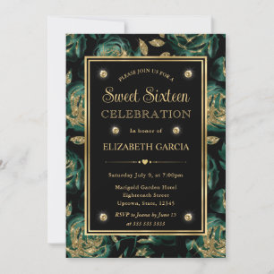 Invitation Élégant Vert & Or Rose Fleur Motif Sweet 16