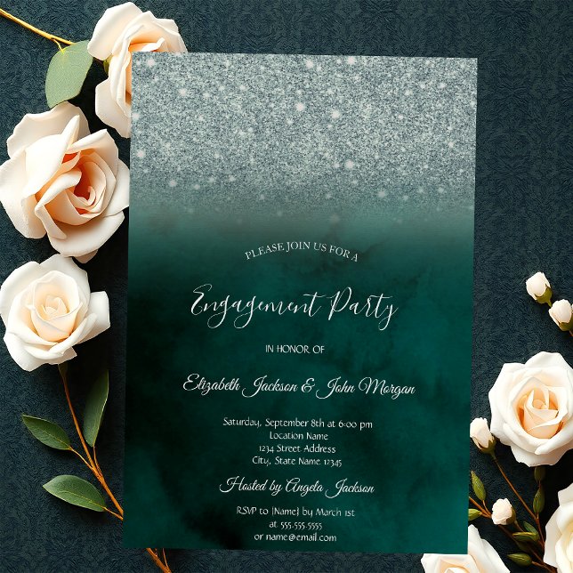 Invitation Élégant Vert Paillettes Bokeh Vert Fiançailles (Créateur téléchargé)