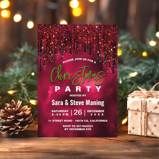 Invitation Elégant vert rouge faux parties scintillant goutte (Créateur téléchargé)