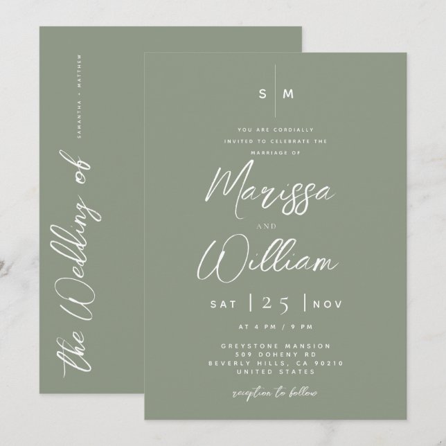 Invitation Élégant Vert Sage & Mariage Moderne Écriture Blanc (Devant / Derrière)