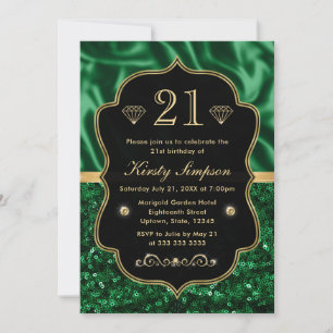 Invitation Élégant Vert Satin & Paillettes Cadre Or Anniversa