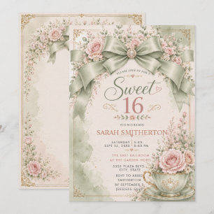 Invitation Élégant Vert Sauge Blush Coquette Nœud Douce 16