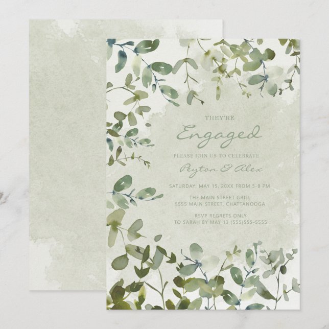 Invitation Élégant Vert Sauge Eucalyptus Blanc Mariage (Devant / Derrière)