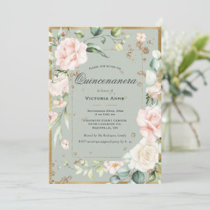 Invitation Élégant Vert Sauge Floral Or Quinceanera