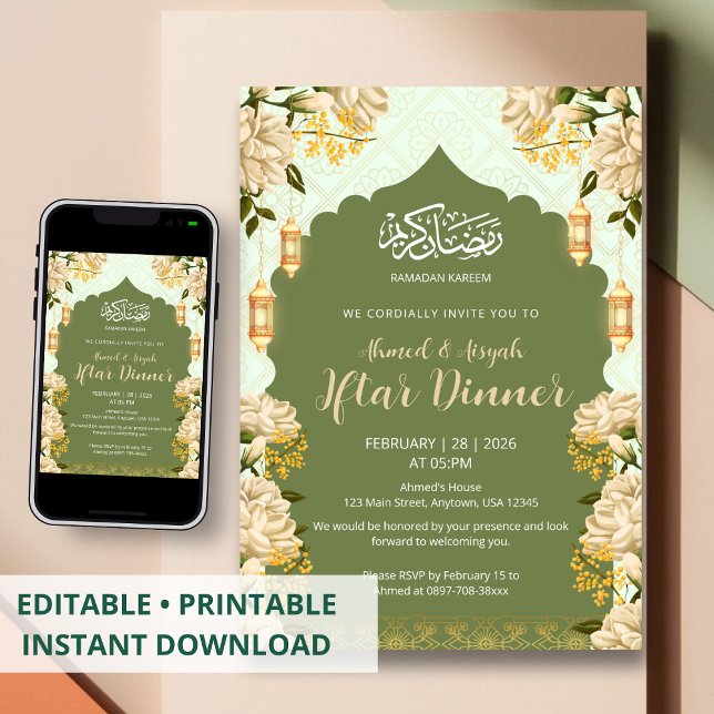 Invitation Élégant Vert Sauge Floral Ramadan Kareem Iftar (Créateur téléchargé)