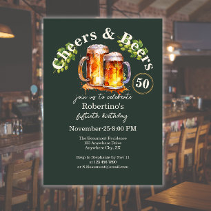 Invitation Élégant Vert Vintage Cheers & Beers 50e Anniversai