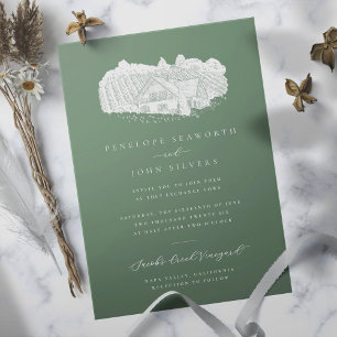 Invitation Elégant vignoble Illustration Sage Green Mariage