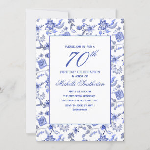 Invitation Élégant Vintage Antique Fleurs Bleues 70ème 