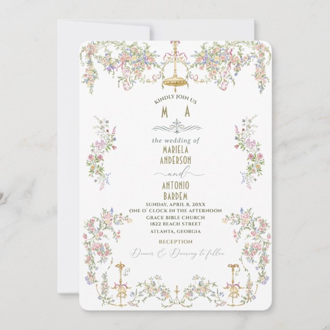 Invitation Elégant Vintage baroque aquarelle Fleurs de mariag (Devant)