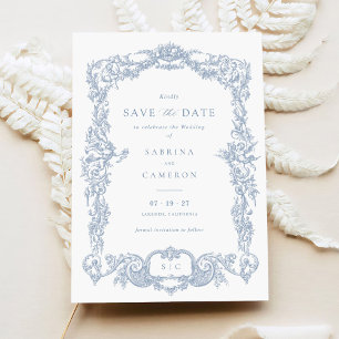 Invitation Elégant Vintage baroque bleu français Enregistrer 