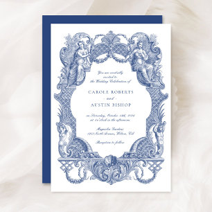 Invitation Elégant Vintage Baroque Bleu Toile Mariage