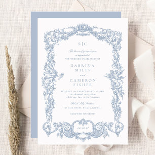 Invitation Elégant Vintage Baroque Floral Blue Frame Mariage