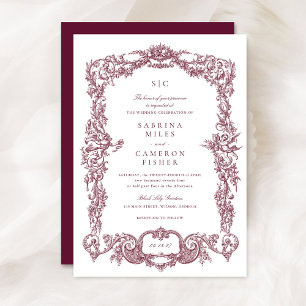 Invitation Élégant Vintage baroque Floral Bourgogne Mariage
