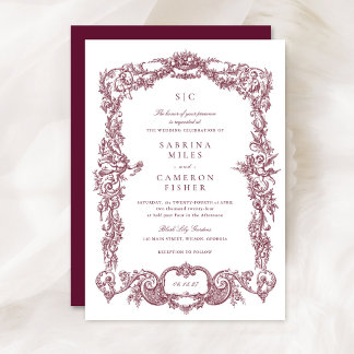 Invitation Élégant Vintage baroque Floral Bourgogne Mariage
