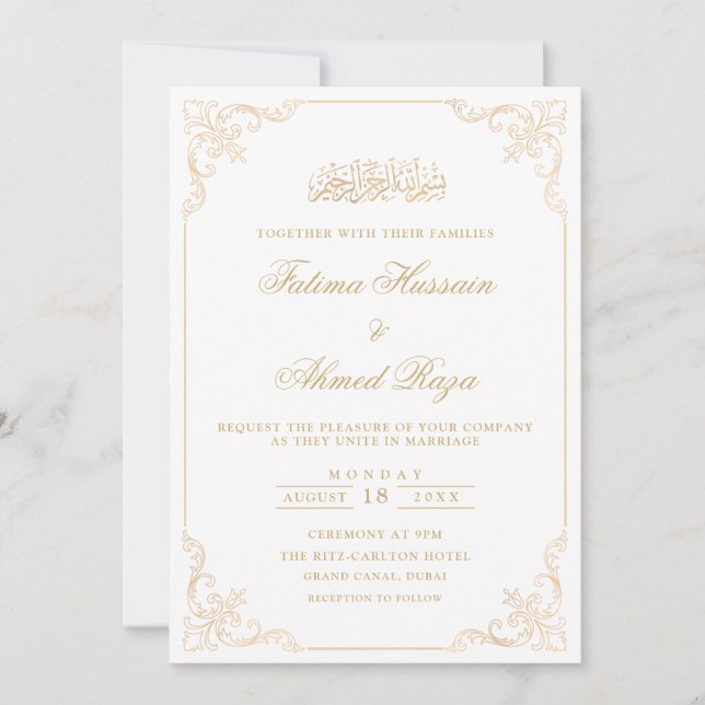 Invitation Élégant Vintage Baroque Gold Script Mariage musulm (Devant)