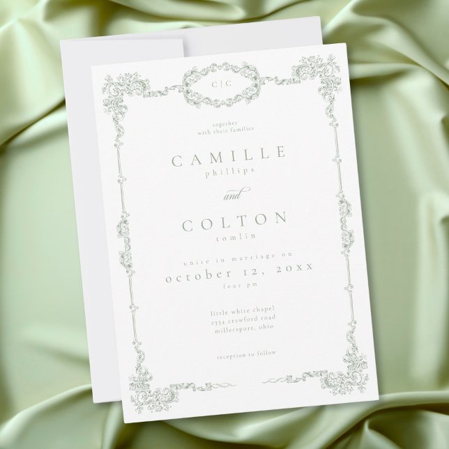 Invitation Elegant Vintage Baroque Sage Green Wedding (Elegant Vintage Baroque Sage Green Wedding Invitation)