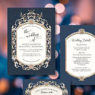 Invitation Elégant Vintage Baroque Victorian Navy Bleu n Or