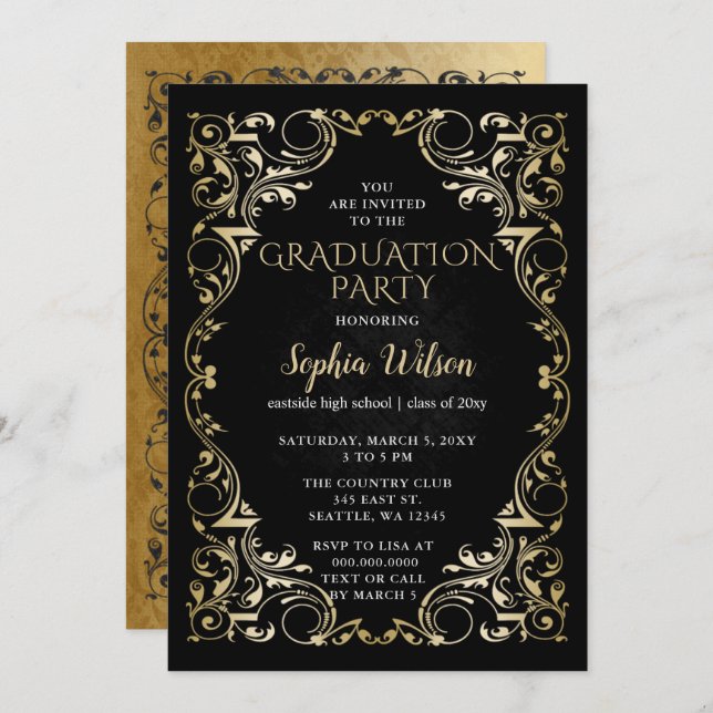 Invitation Élégant Vintage Black Gold Graduation (Devant / Derrière)