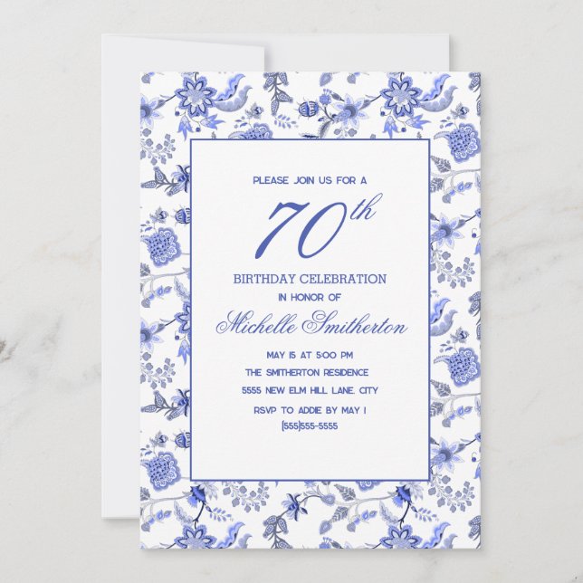 Invitation Elégant Vintage bleu antique Floral 70e (Devant)