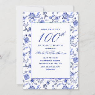 Invitation Elégant Vintage bleu antique Flore 100e