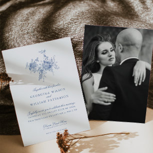 Invitation Élégant Vintage bleu floral Mariage Jouy