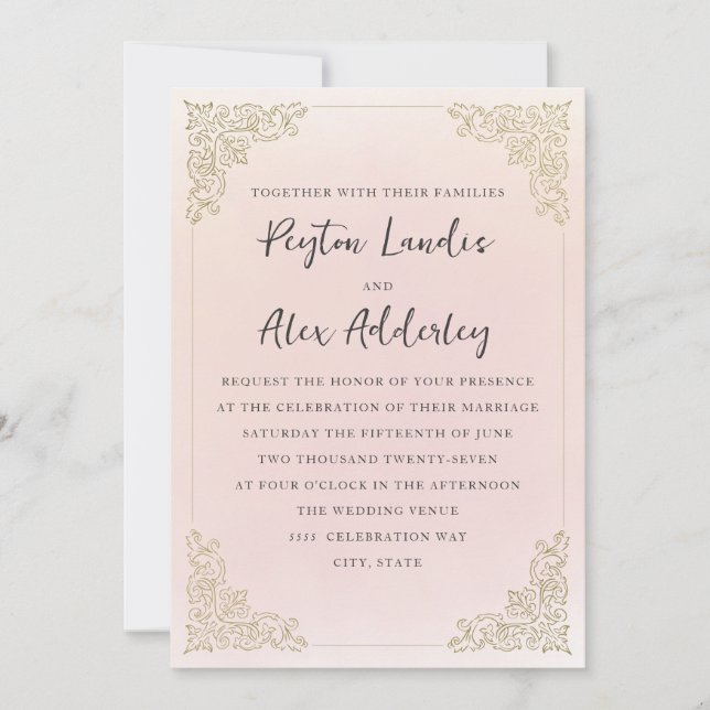 Invitation Elégant Vintage Blush Pink Gold (Devant)