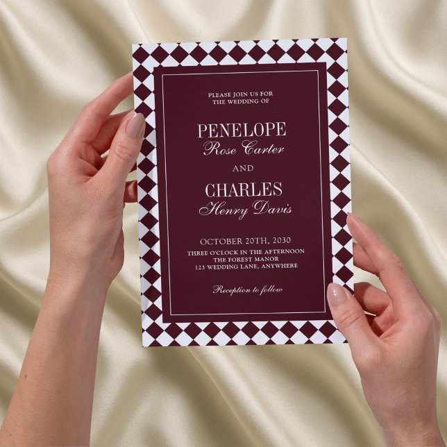 Invitation Elegant Vintage Burgundy Checkered Formal Wedding (Créateur téléchargé)
