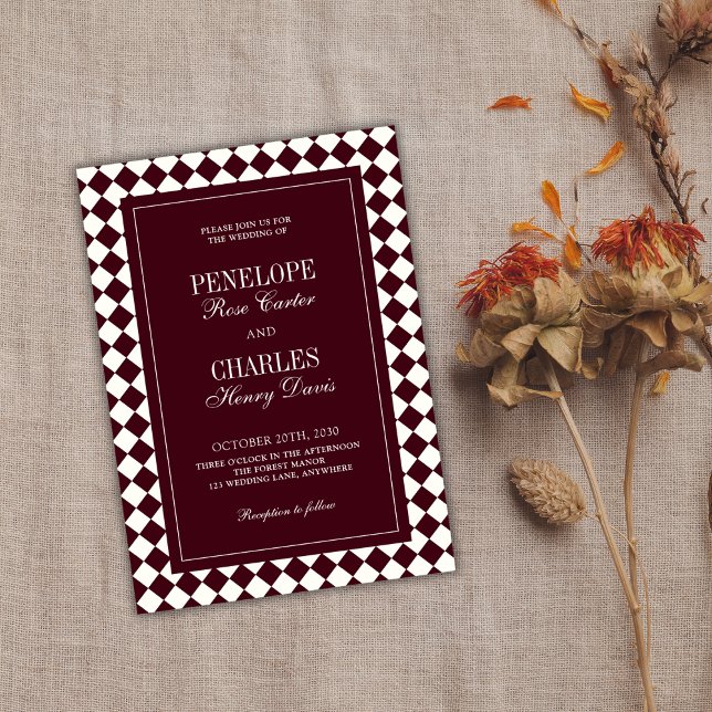 Invitation Elegant Vintage Burgundy Checkered Formal Wedding (Créateur téléchargé)