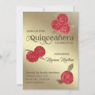 Invitation Elégant vintage chic aquarelle rouge roses Quince