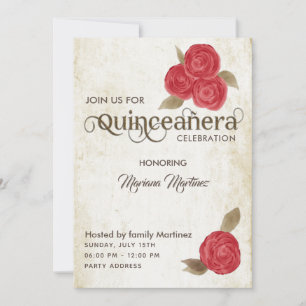 Invitation Elégant vintage chic aquarelle rouge roses Quince