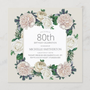 Invitation Élégant Vintage Crème Ivoire Floral 80e Anniversai
