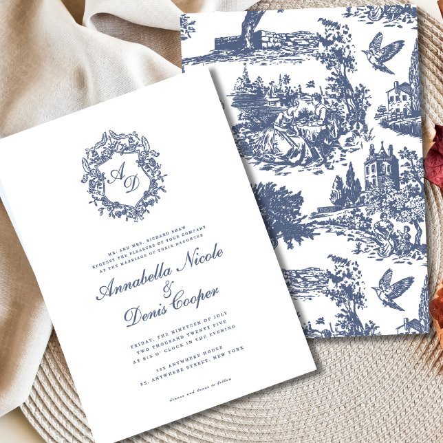 Invitation Elégant Vintage Crest Blue Toile Mariage (Créateur téléchargé)