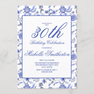 Invitation Élégant Vintage Fleurs Bleues 30e Anniversaire Fem