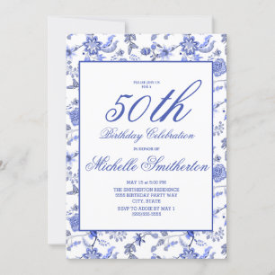 Invitation Élégant Vintage Fleurs Bleues 50e Anniversaire Fem